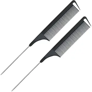 Vlasy Professional Tail Comb 2pcs Pack Black Pink Carbon Fiber Stainless Steel Anti Static Heat Resistant Lightweight for All Hair Types Daily Care