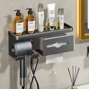 Wall Mounted Hair Dryer Holder, 1 Count Punch-free Hair Dryer Tissue Perfume Storage Rack, Multi-functional Organizer for Bathrooms  Dormitory Hotel Salon