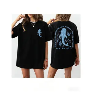 Women's Short-Sleeve Cotton Fabric Loose-Fit Round Neck Whale Slogan Contrast Color Graphic T-Shirt, Casual Women's Top