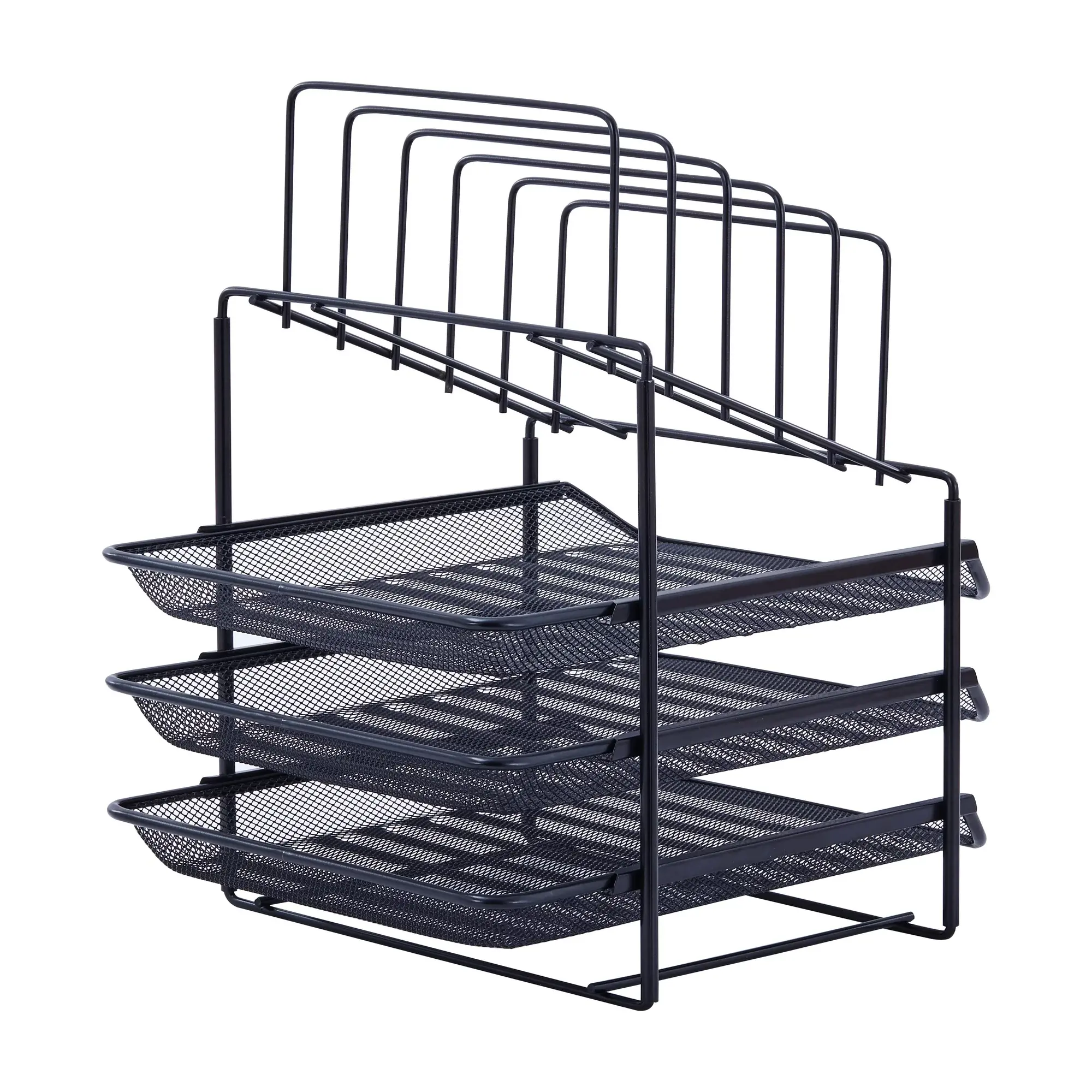 5 Upright Sections, Black,Mesh Desk Organizer with 3 Sliding Letter Tray