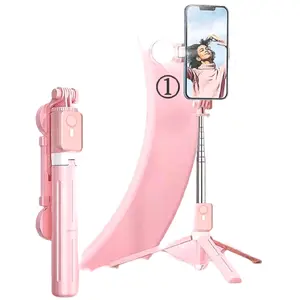 Retro Selfie Stick on Tripod with Bluetooth Remote Pink Color Edition Cordless for Convenient Photography Smartphone Cellphone Accessory