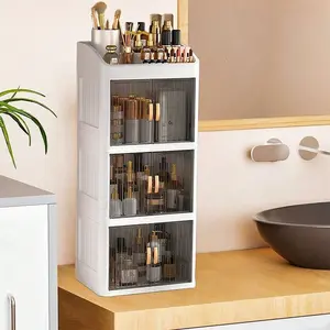 Vanity Makeup Storage Box, Foldable & Sliding Door Design, Clear Cover Cosmetic Display Cabinet, Large Capacity Skincare & Cosmetics Organizer, Ideal Gift For Women, Large Capacity Stackable Collapsible