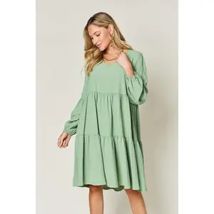 Double Take Full Size V-Neck Balloon Sleeve Tiered Dress with Pockets - Casual Women's Summer Dress in Sage Green