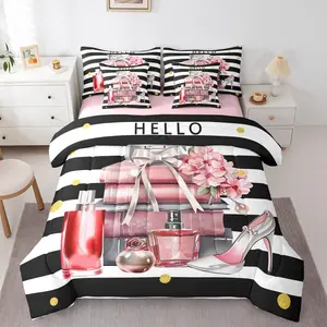 Black and Pink Bed in a Bag Fashion Black White Girly for Girl Women Modern Flower Floral Perfume Striped Comforter Set with Sheets High Heels Magazine Books 7 Piece Bedding Set