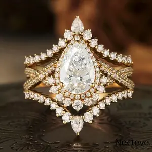 Women’s Luxe Palace Three-Piece Full Pavé Simulated CZ Gold-Tone Base Alloy Ring Set, Triple Stack Glam Evening Jewelry Formal Gala & Elegant Luxe Feminine Lady Holiday Gift Wear 	
