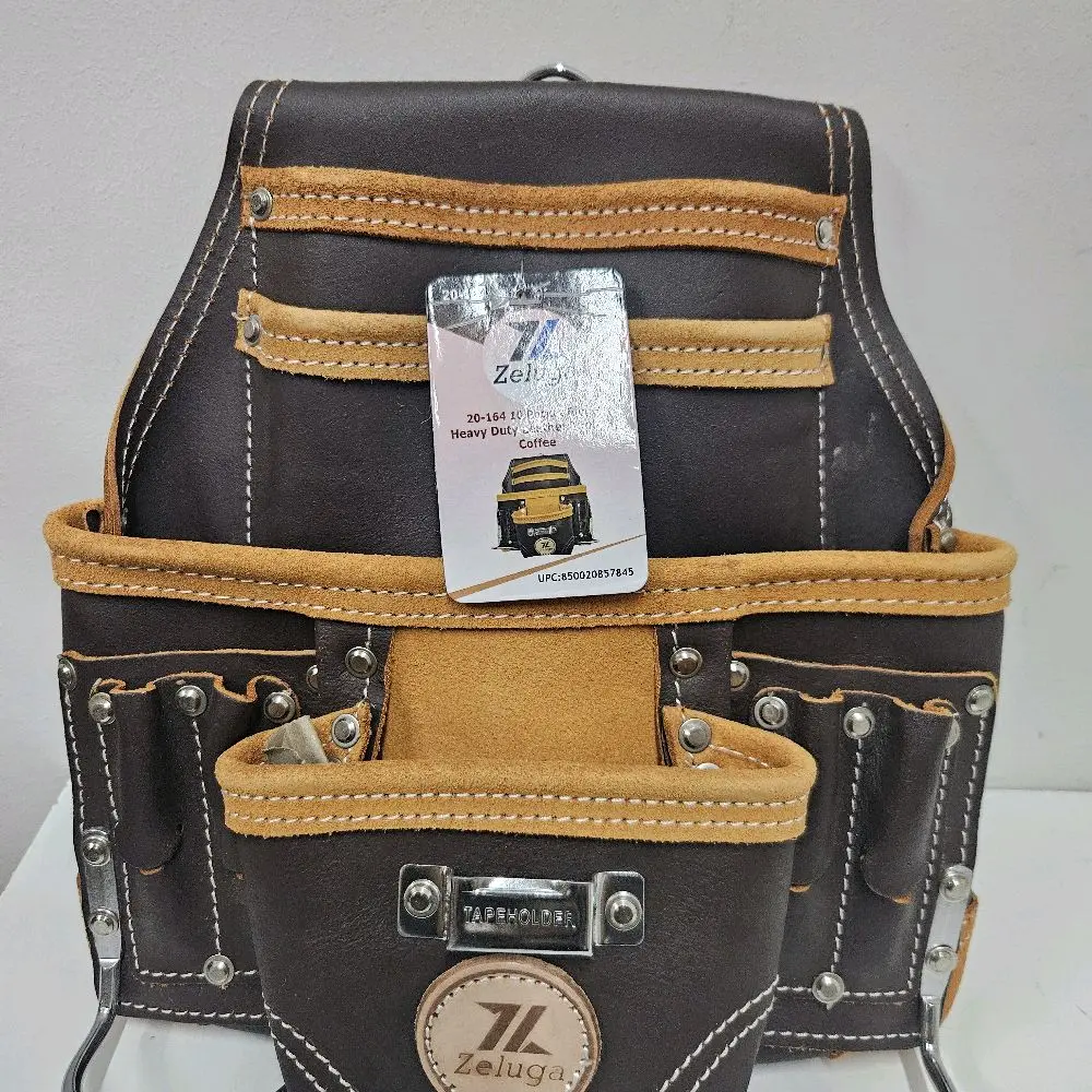 Zelugan 20-164 Heavy Duty Leather Tool Bag Coffee Color with Multiple Pockets and Durable Construction