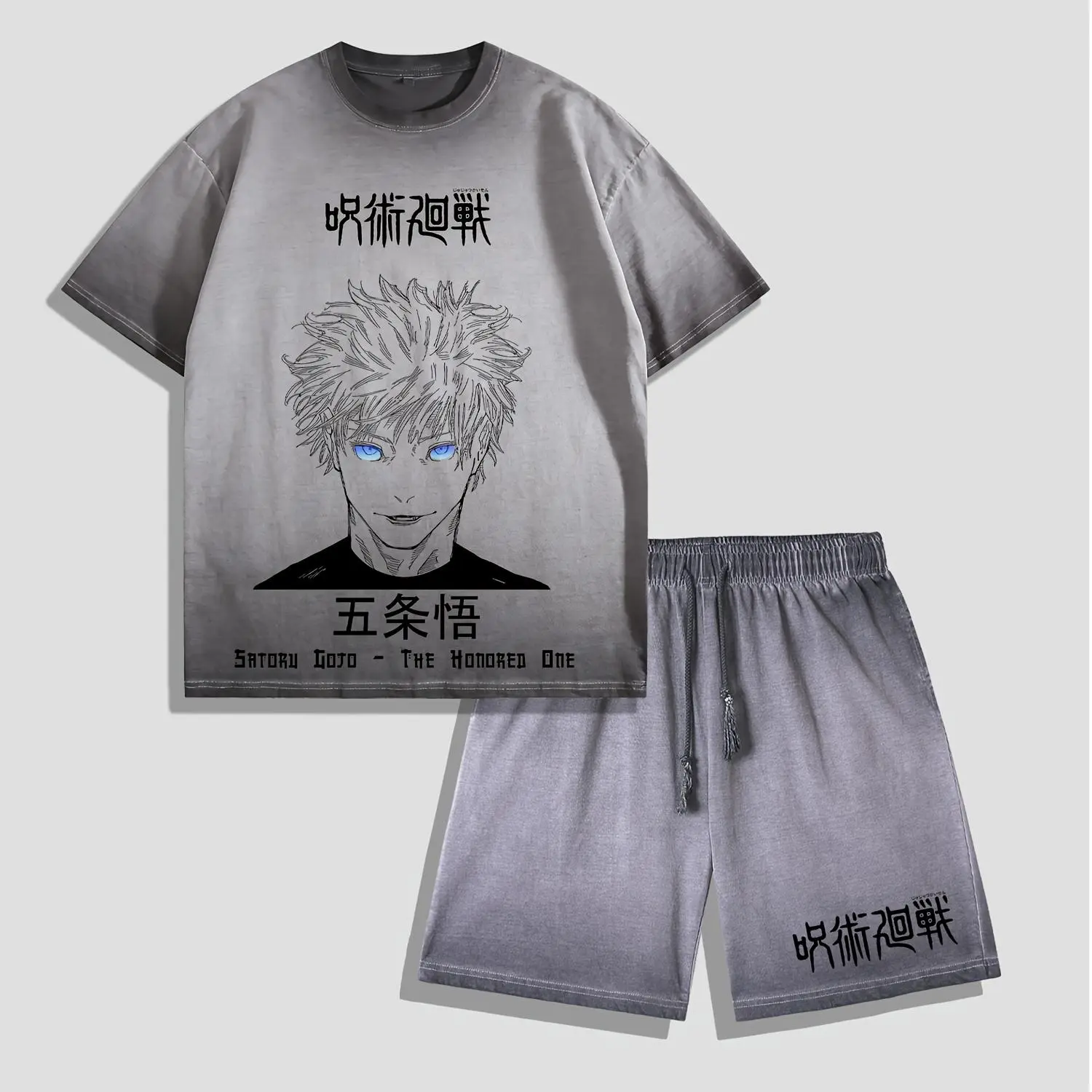 Satoru Gojo Jujutsu Kaisen Oversized Washed T-Shirt Set, Retro Anime Casual Outfit, Summer Streetwear