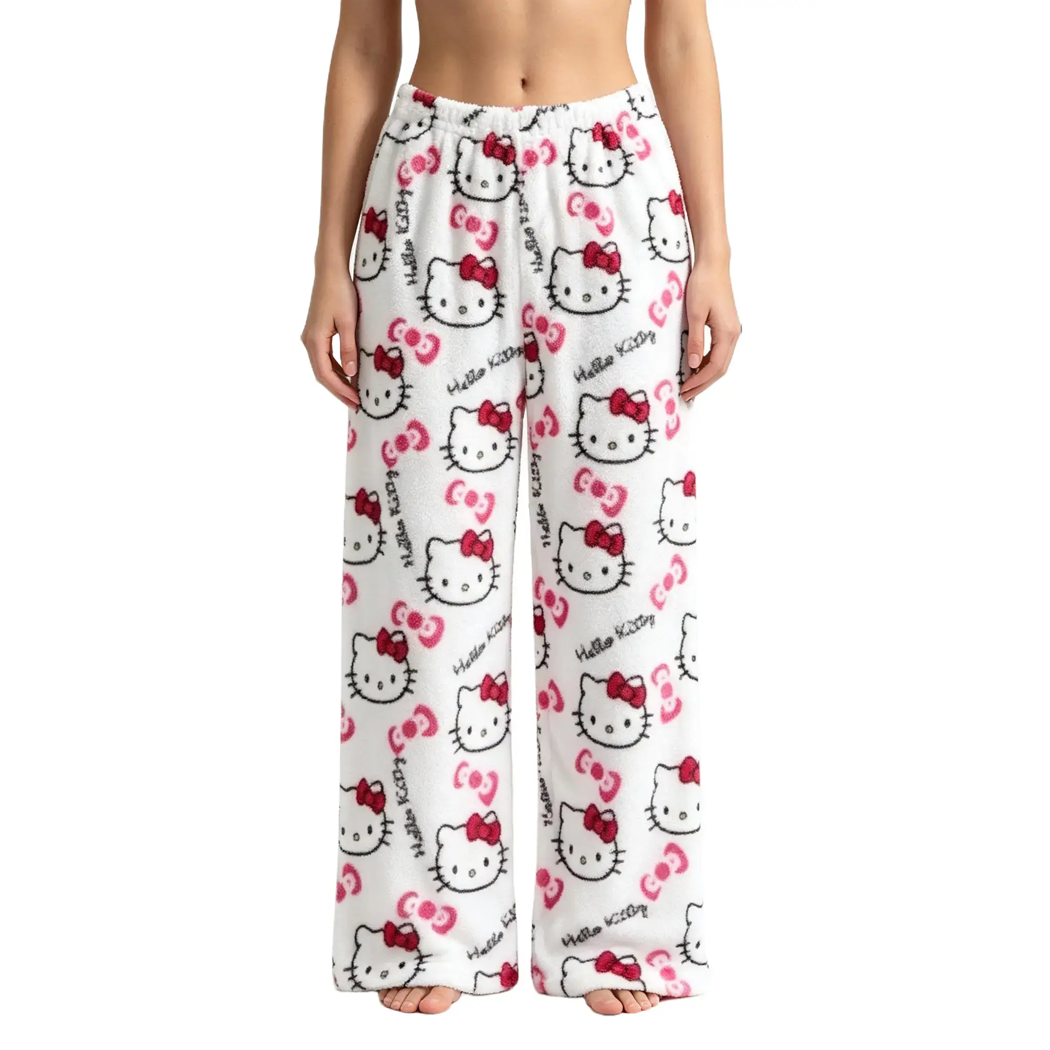 Hello Kitty White Flannel Pajama Pants Cute Kawaii Sanrio Soft Loose Sleep Trousers Casual Loungewear for Women Girls Home Nightwear Gift for Sanrio Fans