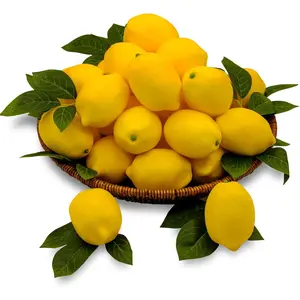 20Pcs Fake Lemons Artificial Fruits with 25 Leaves Faux Yellow Lifelike Plastic Lemon Decorations Realistic Limes Fruit Decor for Home Kitchen Table Cabinet Holiday Party Photography Props