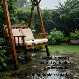 Outdoor Rain Chain with Blue Beads, Decorative Petal Design, Practical Garden Gutter Alternative, Courtyard Decoration