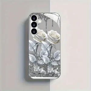 High-end Fashion Trend Gilt White Rose Flower Silver Plated Phone Case for Samsung for Galaxy S25 24 23 22 21 20Plus A05 06 14 15 16 24 25 26 34 35 36 54 55 56 New Premium Style Beautiful, Simple and Cute, Couples Fashion Case trendy protective cover