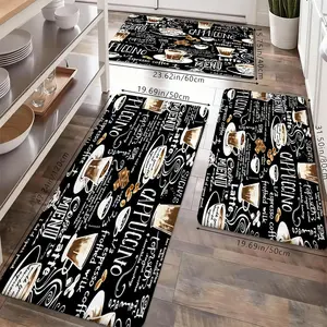 Coffee Text Art Kitchen Rugs Set, Non-Slip Washable Floor Mats, Black Background Coffee Cup & Cappuccino Print Runner Carpets for Kitchen, Coffee Bar & Farmhouse Decor