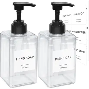 Thickened Clear Plastic Soap Dispenser with Waterproof Labels & Funnel 15oz 2Pack for Bathroom Kitchen, Stores Dish Washing Liquid Shampoo and Conditioner