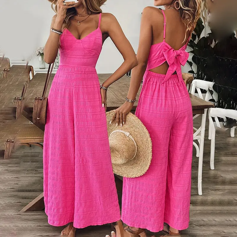 Women's Elegant Blush Pink Sleeveless V-Neck Back Bow Full-Length Relaxed Fit Elastane Palazzo Jumpsuit - Vintage Casual Beachwear for Spring & Summer, Effortless Flow Jumpsuits & Rompers, Outdoors, Multi-Size, Pink Flowy Jumpsuits & Rompers