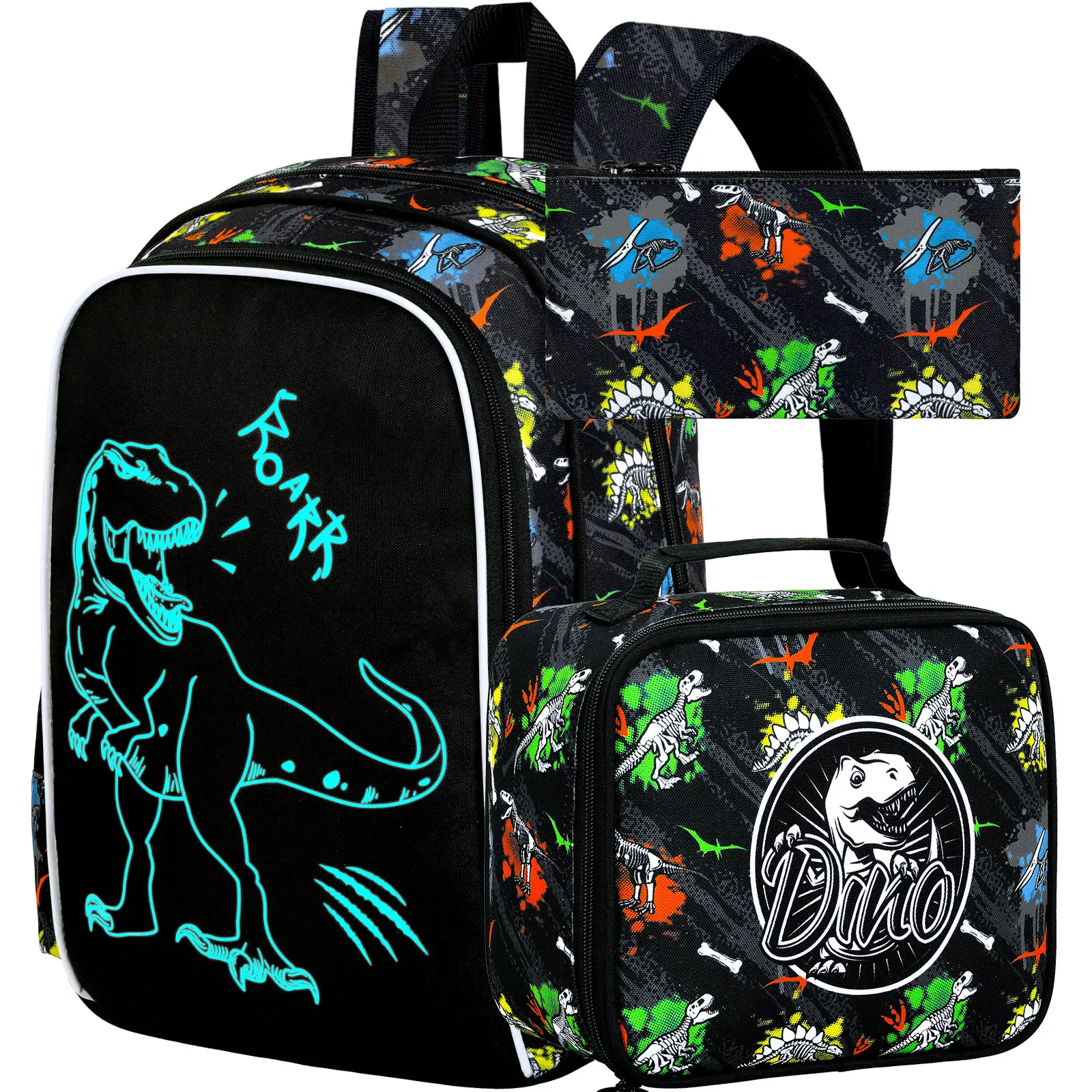 3Pcs Glow in The Dark Dinosaur Backpack for Boys, 17 Inches Dino School Bookbag Set for Teens, Laptop Backpacks with Lunch Bag(Black)