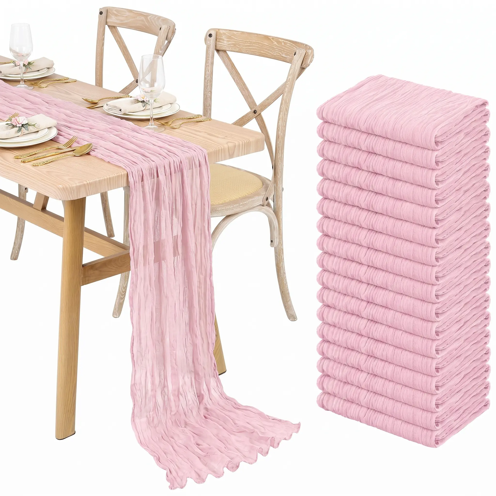 SHOWGEOUS Sheer Cheesecloth Table Runner, 10FT Rectangle Polyester Reinforced Reusable (1/6/12/20 Pack) - Boho Gauze Decor for Weddings, Rustic Home