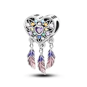 MULA 925 Silver Plated Dreamcatcher Pendant | Heart Shaped Boho Pendant with Colorful Zirconia and Enamel Feathers | Fits Pandora Bracelets and Necklaces | Gift for Women and Girls