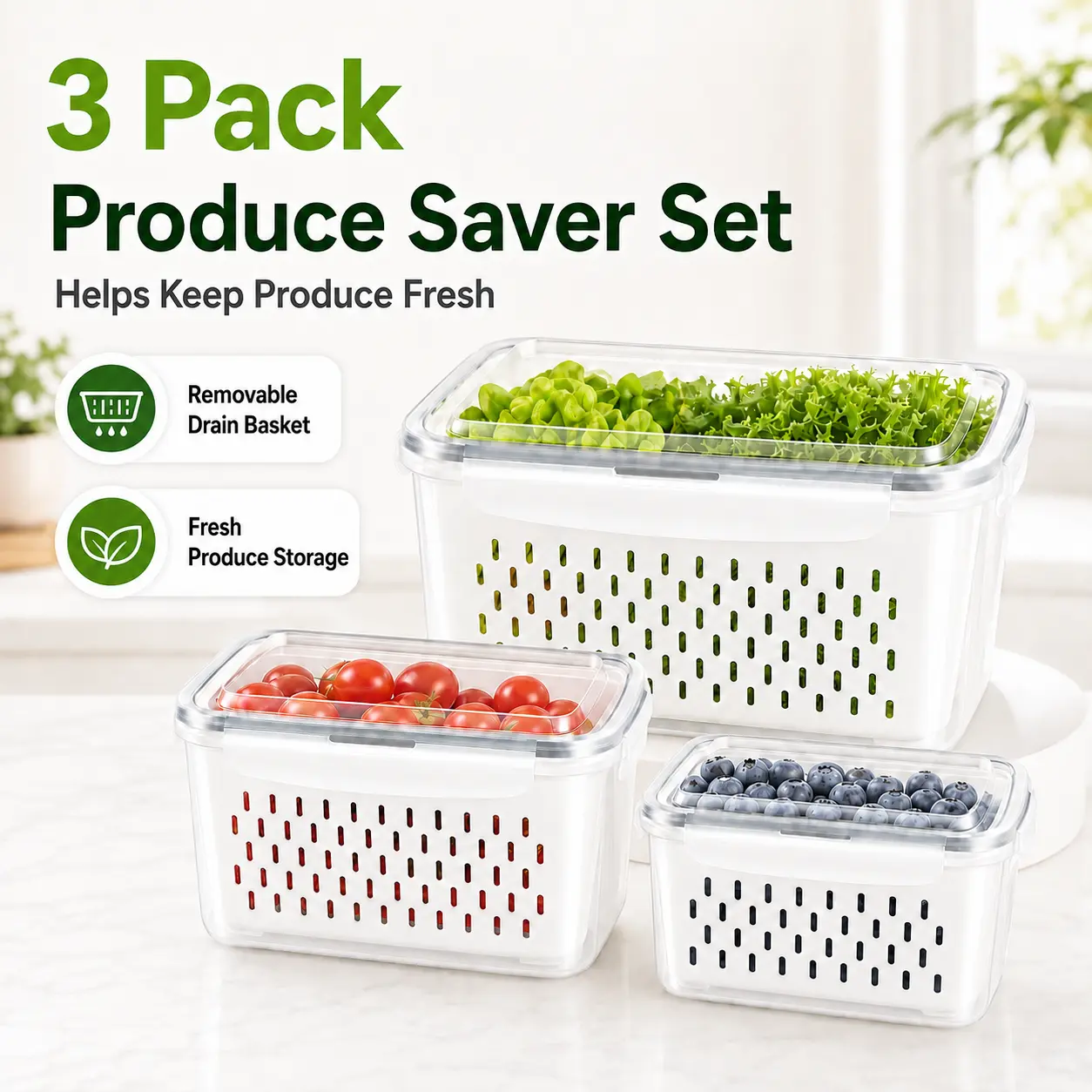 MIUVA 3-Pack Kitchen Plastic Food Storage Containers with Drain Colanders, Airtight Leakproof Lids, Stackable Baskets for Fridge Lettuce Berries Vegetables