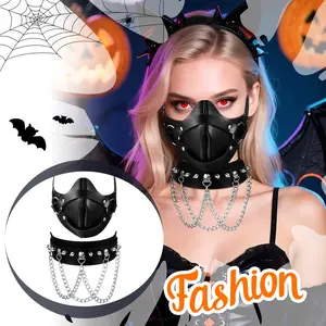 2pcs Womens Punk Mask Studded PU Leather Choker for Masquerade Cosplay Role Play