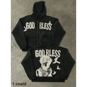 Men's Zipper Hoodie Sweatshirt, Black, Retro American Style, "God Bless" Slogan and Prayer Handprint, Retro Street Dress, Suitable for Spring, Autumn, Winter, Multi functional, Pattern Printed HoodieRAIMENTRY
