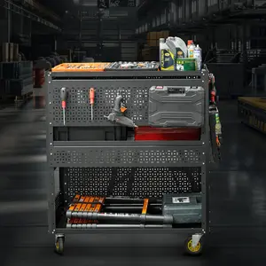 3-Tier  DIY Detachable Utility Cart Storage Tool Cart With Steel Pegboard, Foldable Rolling Tool Cart with Wheels For Garage Organizer and Tool Storage