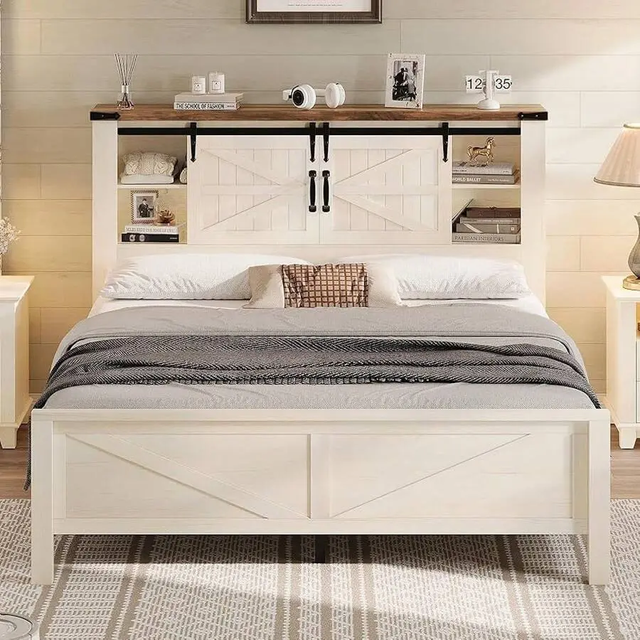 Full Queen King Size Farmhouse Platform Bed Frame With Bookcase Headboard & Sliding Barn Doors, Built-in Charging Station Adjustable Storage Shelves, Sturdy No Box Spring Needed Antique White Finish With Modern Console Table sand