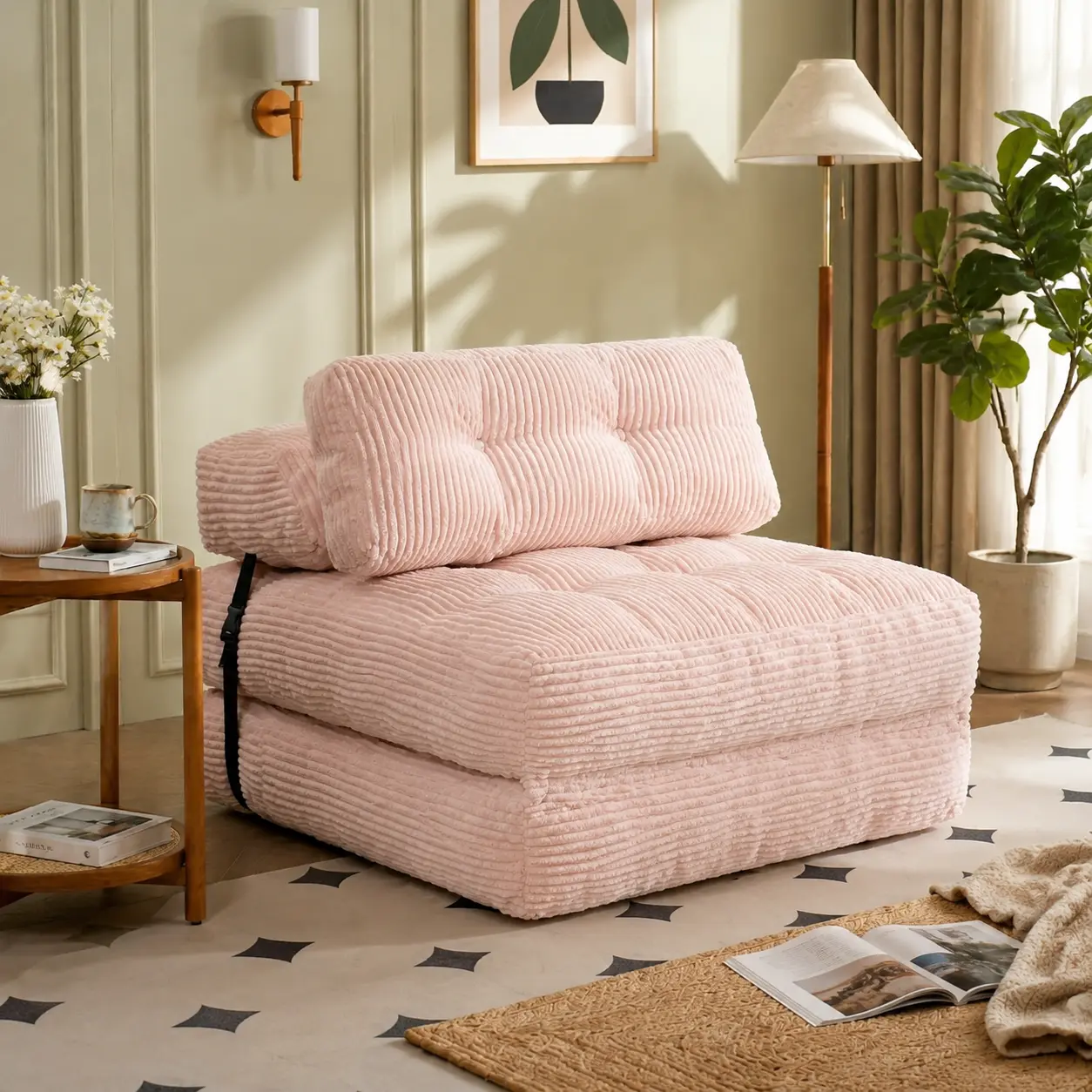 HYRORA TFK Folding Sofa Bed with Pillow Convertible Sleeper Chair with Back Support Corduroy Portable Fold Out Chair  Single Bed Comfy   for Living Room sofa lounge floor SummerVibes couch
