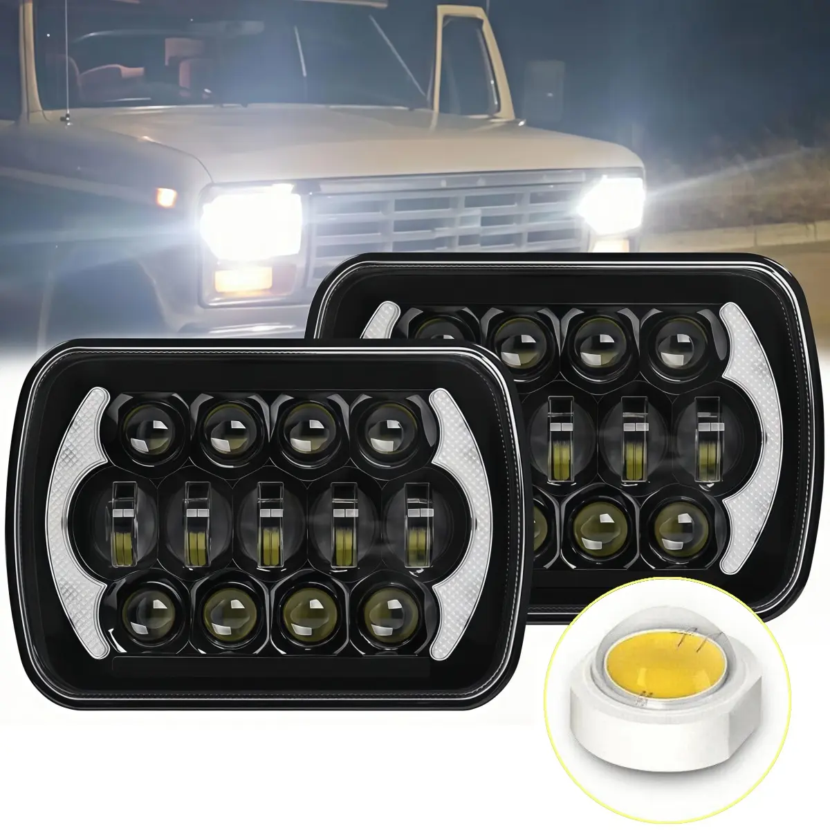 2PCS LED Headlights for Ford F150 F250 F350 1978-1986 Pickup Truck/Van, 5x7/7x6 H6054 H5054 Sealed Beam, Hi/Low Beam, DRL, H4 Plug, Waterproof, Aluminum Housing, Night Driving Left & Right Headlamp Pair