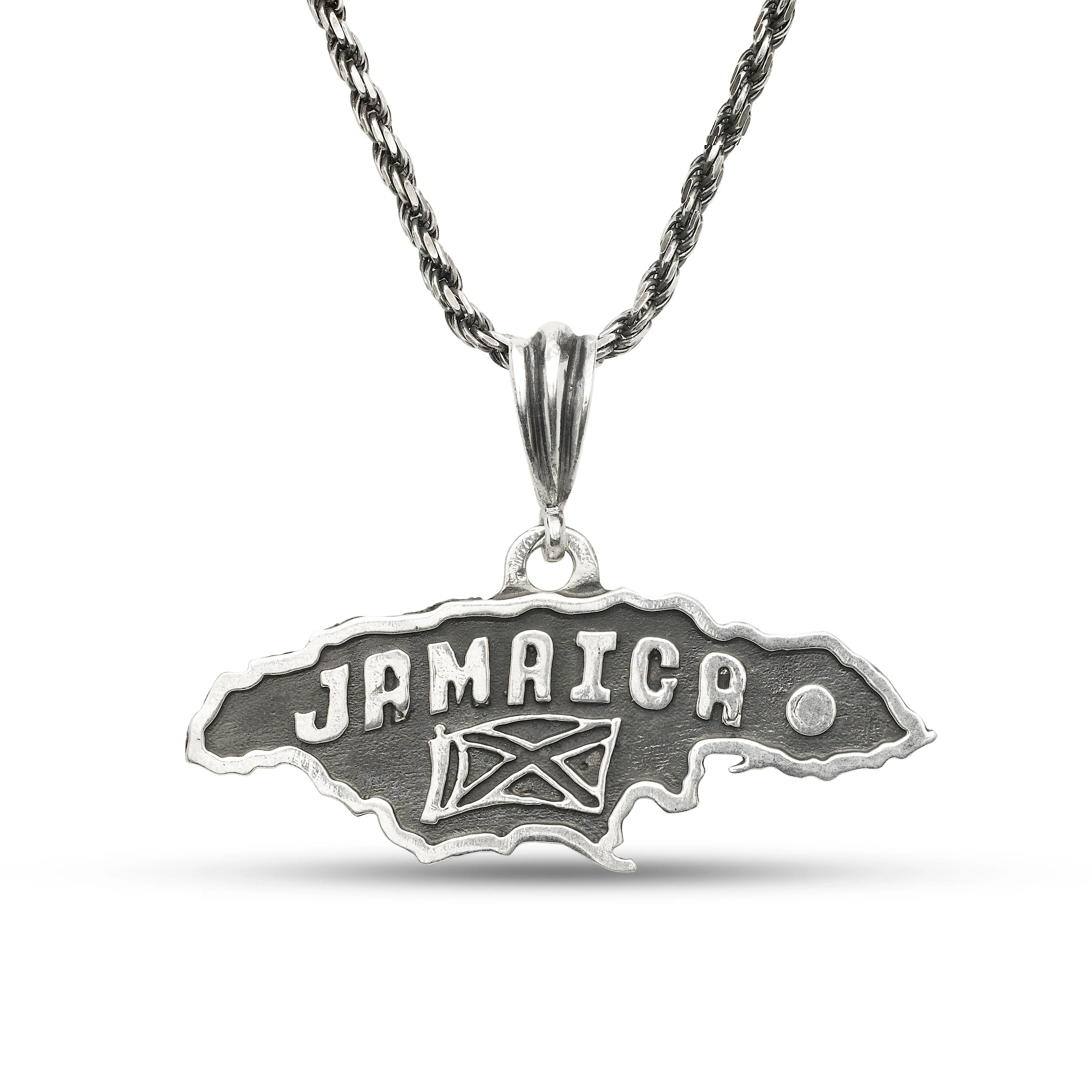 BETTER JEWELRY Handmade Jamaica Map Pendant Necklace - .925 Sterling Silver Black Oxidized, 24-in Rope Chain, Unisex Adult Jewelry for Birthday, Anniversary, Daily Wear, All Seasons