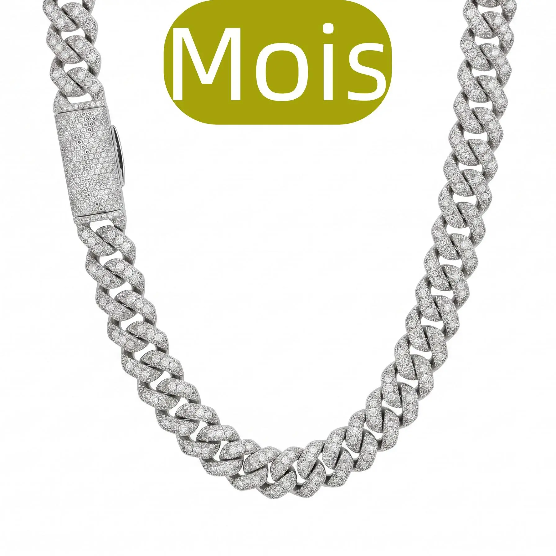7.SPACEICE 12mm Moissanite Cuban Link Necklace, Men's Full Iced Out Miami Cuban Necklace,Solid Metal with Silver Plated, Hip Hop Bling Chain with Secure Moissanite Box Clasp