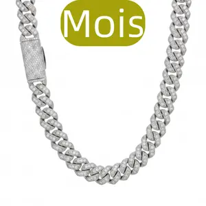 ⑦SPACEICE 12mm Moissanite Cuban Link Necklace, Men's Full Iced Out Miami Cuban Necklace,Solid Metal with Silver Plated, Hip Hop Bling Chain with Secure Moissanite Box Clasp
