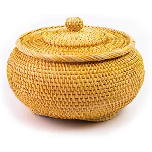 Hand-Woven Round Rattan Storage Basket with Lid - 8.6x5.1 Inch Durable Wicker Box for Picnic, Decoration, and Multi-Purpose Storage -  Craftsmanship