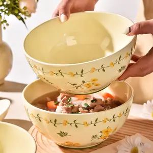 Two 8-inch ceramic noodle bowls, salad bowl, soup bowl, small yellow flower pattern, yellow, very suitable for spring, can hold broth, noodles, microwave safe, machine washable