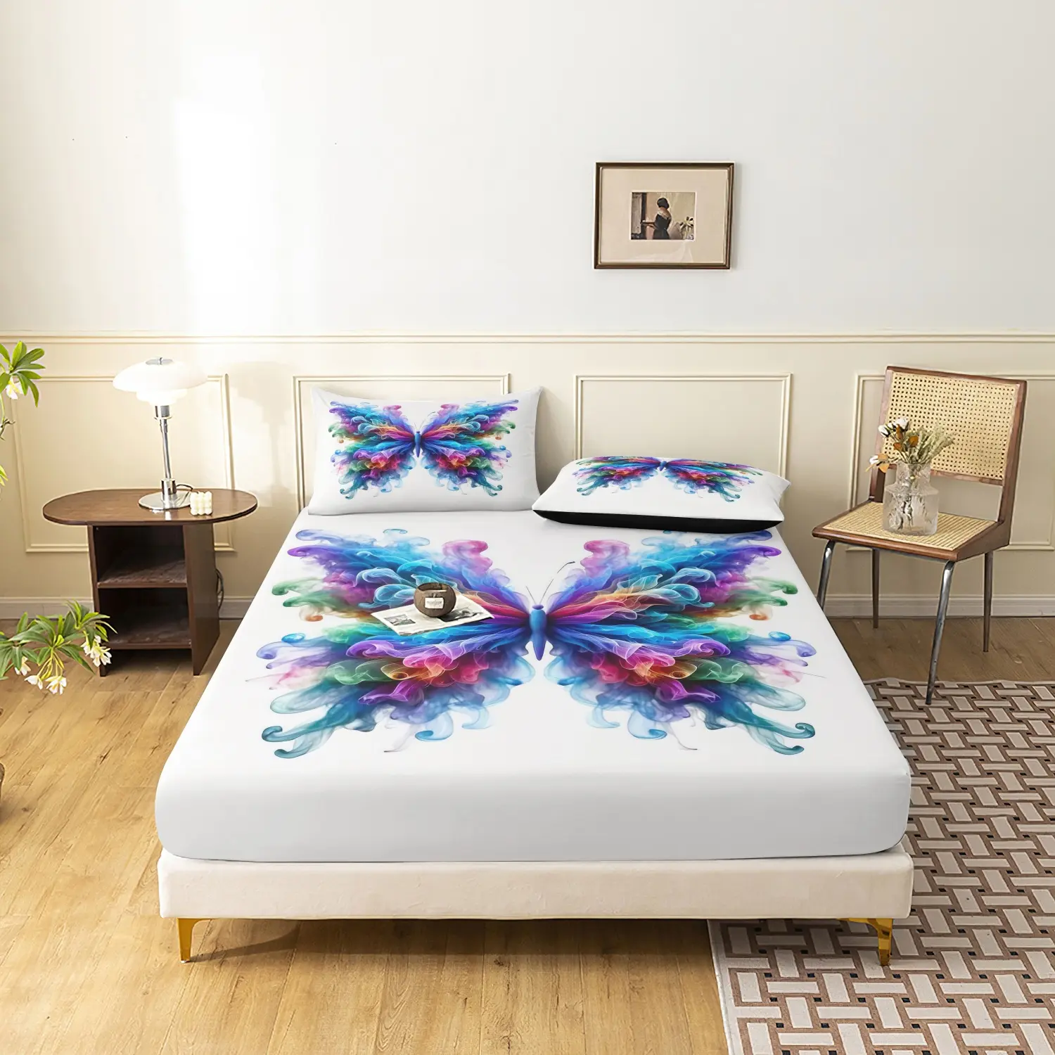 3pcs Dreamy Colorful Butterfly Print Fitted Sheet, Artistic Bedding Digital Print Fitted Sheet Set(1 Bedsheet+2 Duvet Covers,No Pillow),Adapt To Family Dormitory, Hotel, Decorative Bedsheet Sets