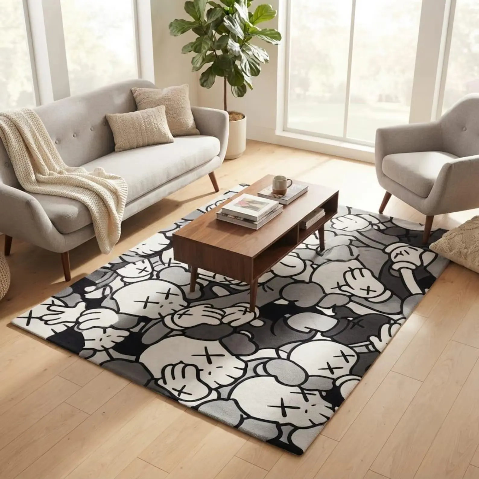 Hand-Tufted Monochrome Streetwear Wool Area Rug, Pop Art Modern Hypebeast Living Room Decor, Custom Sizes (8x10, 9x12) Aesthetic Handmade Carpet