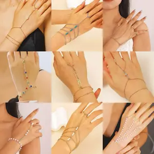 Assorted Hand Chain Bracelet Ring Combo, Multi-Style Finger Chain Wrist Jewelry Set, Boho & Minimalist Designs for Everyday Styling