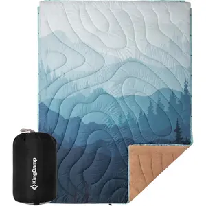 KingCamp Large Camping Blanket with Sherpa Lining, Packable Down Alternative Puffy Printed Wearable Blanket with Snap Buttons, Warm Weatherproof Quilt for Outdoor Travel (79" L x 57" W, Cyan)