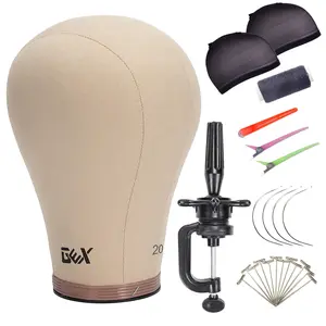 GEX 20"-24" Canvas Cork Wig Making Block Mannequin Head with Stand Holder Multi Color High-Density Canvas Cork Inside Human Hair Silky Pre Bonded Extensions Quick Weave Sew