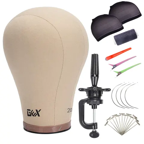 GEX 20"-24" Canvas Cork Wig Making Block Mannequin Head with Stand Holder, Multi-Color High-Density Interior, for Human Hair Silky Pre-Bonded Extensions Quick Weave Sewing