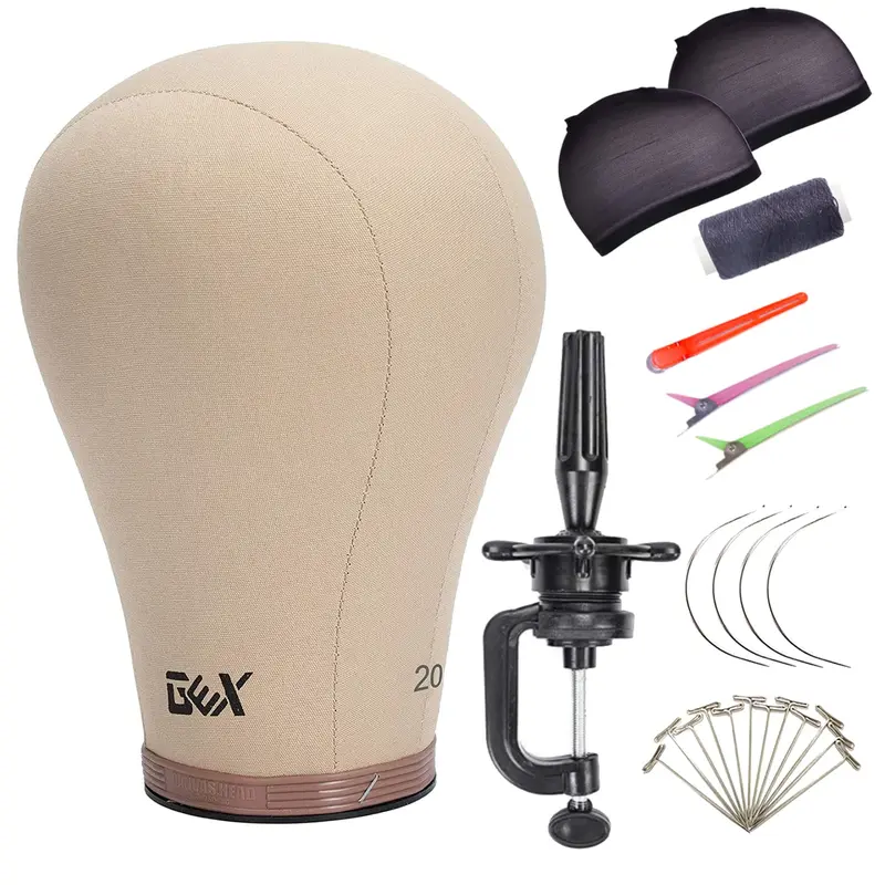 GEX 20"-24" Canvas Cork Wig Making Block Mannequin Head with Stand Holder, Multi-Color High-Density Interior, for Human Hair Silky Pre-Bonded Extensions Quick Weave Sewing