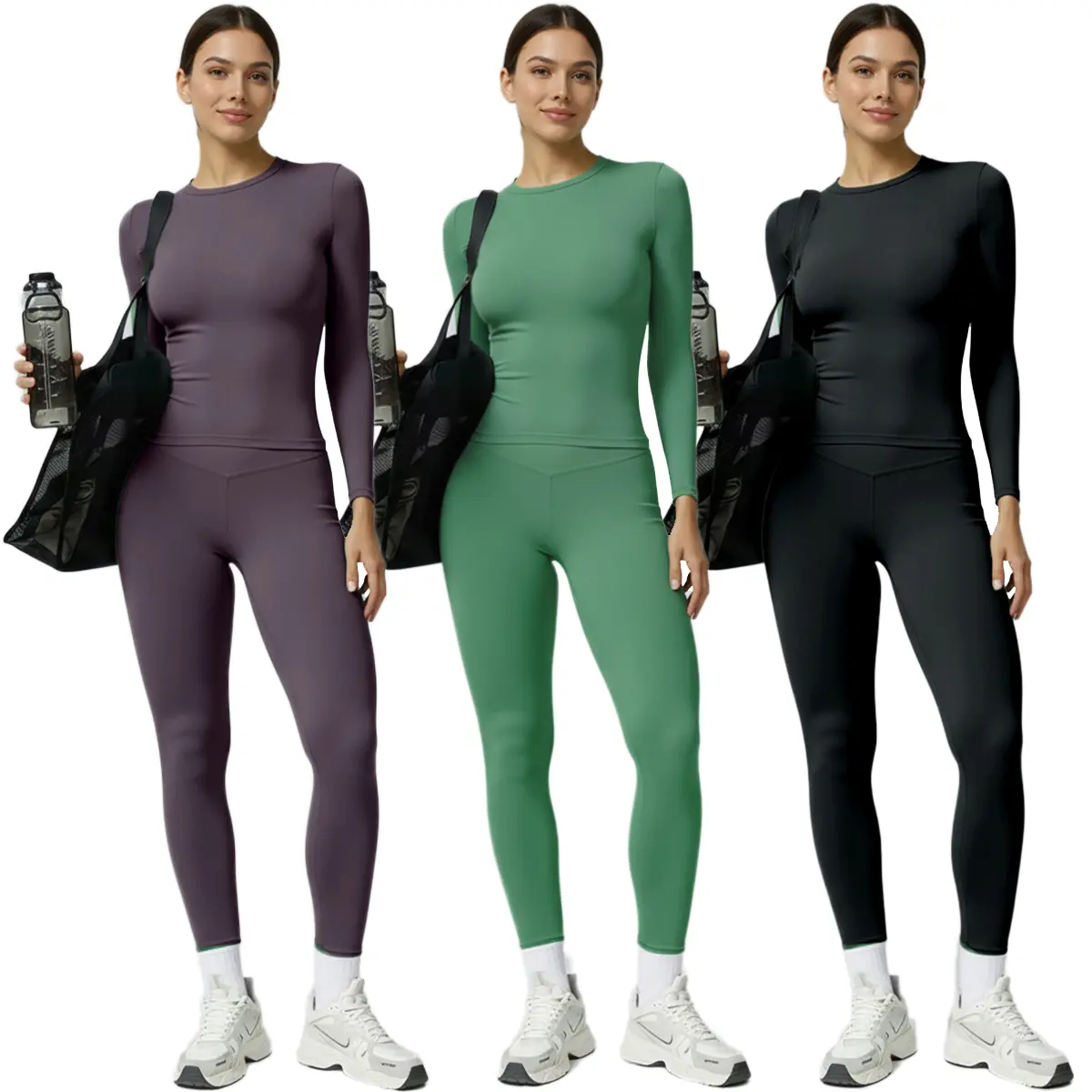 Women's 2-Piece Activewear Fitness Solid Tracksuit Set - Medium Stretch Slimming Long-Sleeved T-Shirt, High-Waisted Leggings for Gym, Outdoor Activities