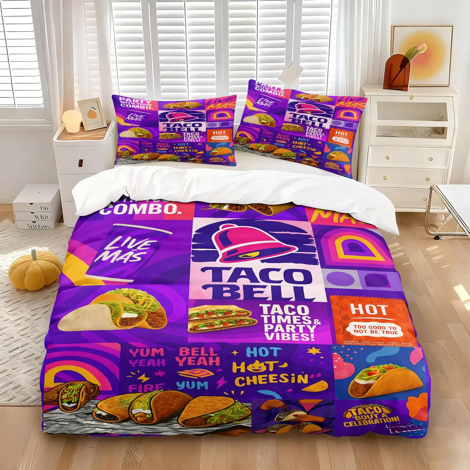 Well-Known Snack Brand Printed Duvet Cover Set,Includes One Duvet Cover and One or Two Pillowcases,Taco Bell Promotional Materials Collage Design Elements,Ideal for Brand Fans or Snack Brand Lover Bedroom Decor Gift