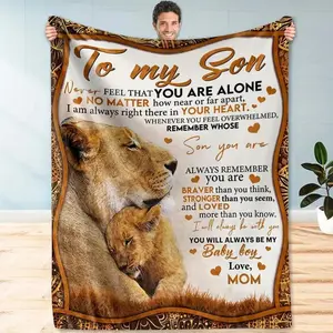 Flannel Blanket from Mom to Son 1pc - Heartfelt Lion Design with Inspirational Message, Soft Brown All Season Bed, Sofa and Home Decor Parasol, Machine Washable Gift for Son, Machine Washable Shawl |   Cozy Inner Accessory |   Quilting Craft