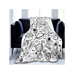 Whimsical Black - White Cartoon Space Blanket with Astronauts, Planets, Rockets & Stars – Soft & Cosy Home Decor Throw