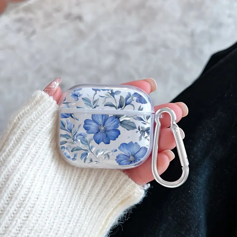 Blue Flowers Pattern TPU Soft Protective Case for Apple AirPods 4/3/2/1/Pro/Pro2/Pro3 Transparent Earphone Cover with Keychain Attachment