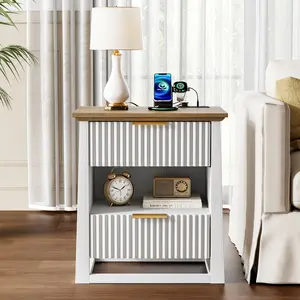 Fluted End Table with Charging Station and Motion Sensor Light, Modern Blue Side Table with 2 Drawers and Storage Shelf for Living Room, Bedroom, Guest Room