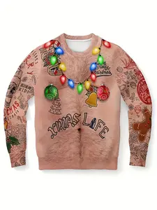 Men's Holiday Christmas Sweatshirt, Soft Polyester Blend, 3D Print Santa Tree Gifts Design, Casual Round Neck Pullover for Fall Winter