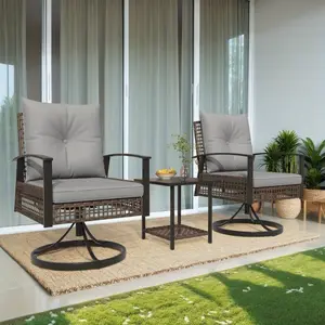 Outdoor Swivel Rocker Chair Set, 360° Rattan Patio Bistro Set of 3 with 2 Chairs, Coffee Table & Thickened Cushions, Weather-Resistant Design for Porch, Backyard, Balcony, Gray