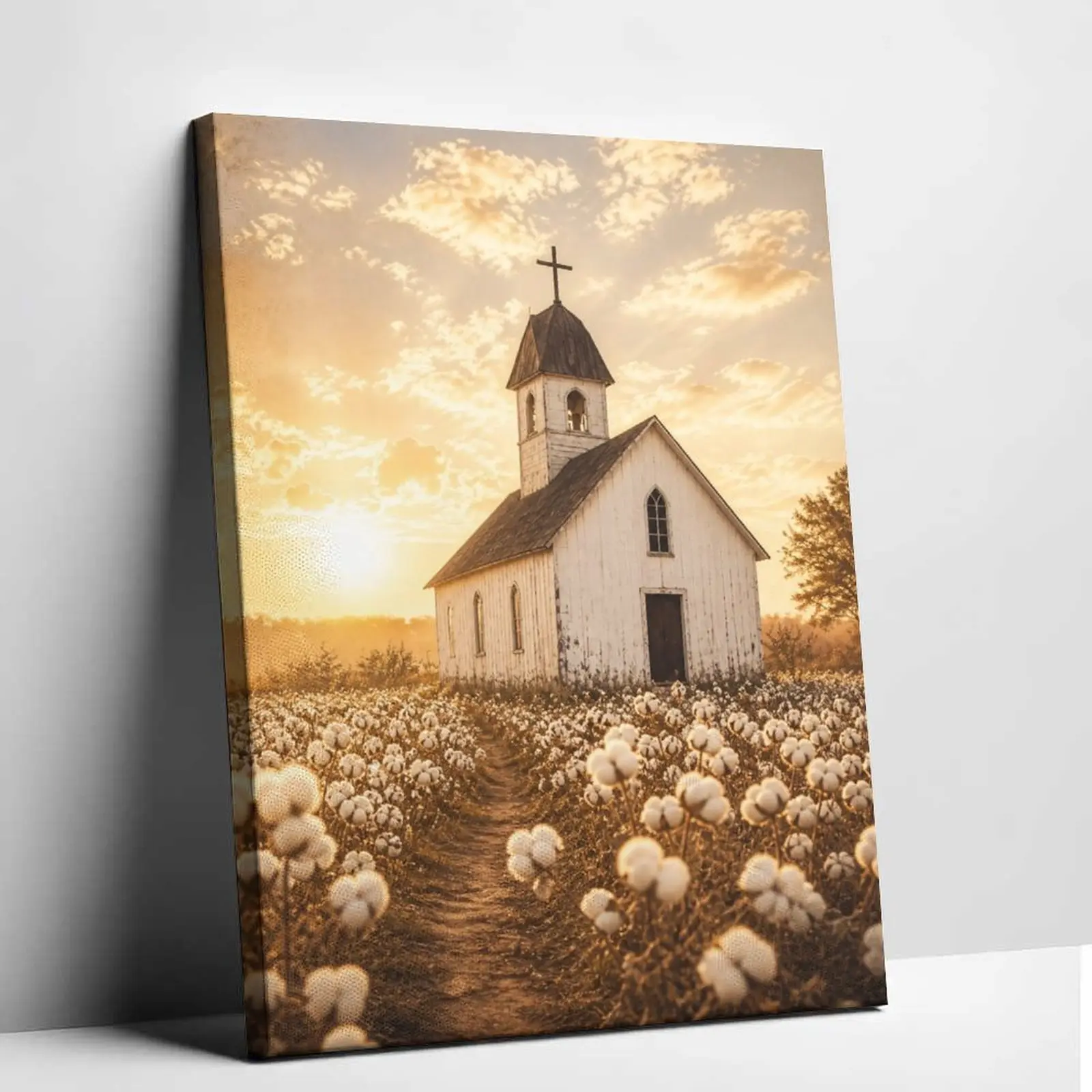 Rustic Cotton Field Church Canvas Wall Art, Warm Sunset Country Chapel Painting, Farmhouse Landscape Wall Decor, Vintage Rural Art for Living Room Bedroom Gift