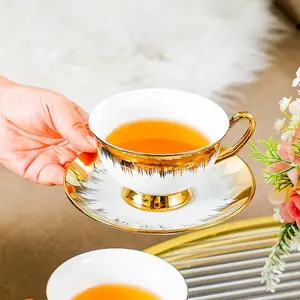 New Luxury Gold-Plated Ceramic Coffee Cup Set, Includes Cups, Saucers, and Gold Spoon, High-Quality Courtware, Model T00888